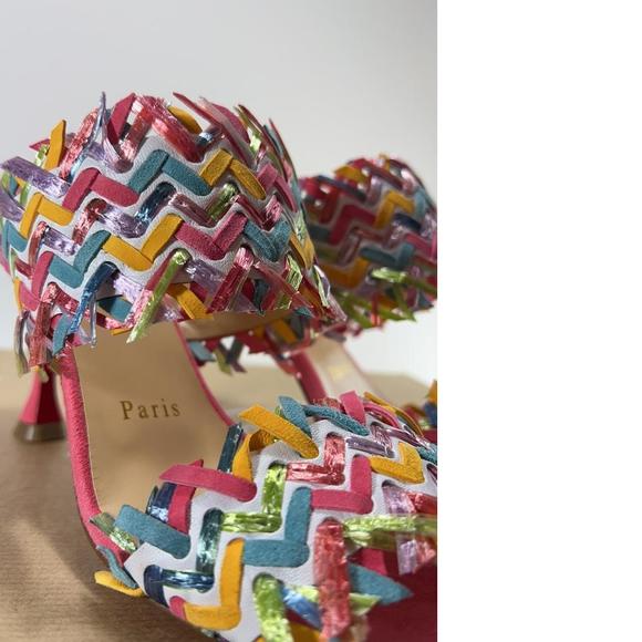 Meroine Pink Rainbow Woven 85mm raffia fringe heels mules D977 - Picture 11 of 11